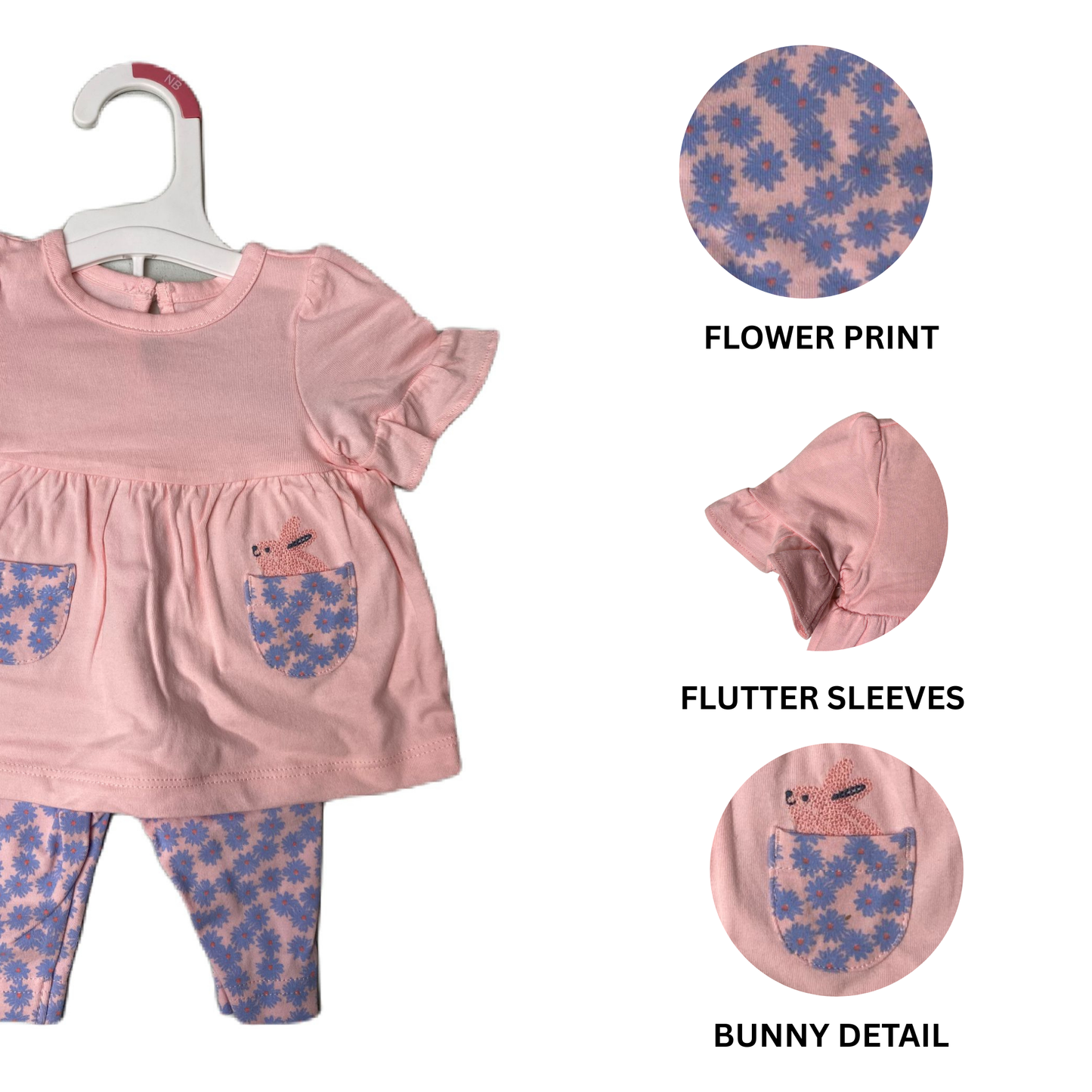 Baby Girls Pink and Blue Bunny 2-Piece Set - NB