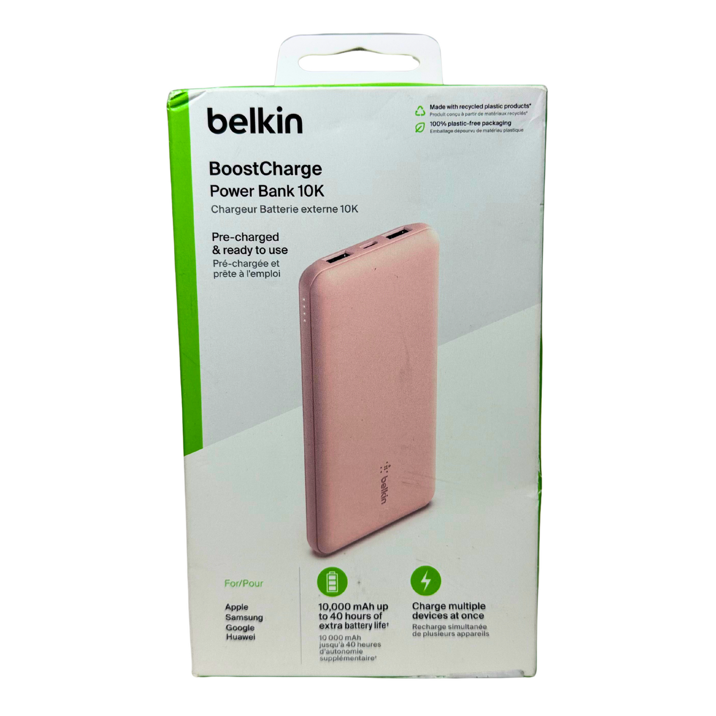 10,000mAh Portable USB-C Power Bank with 3 Ports & LED – Pink