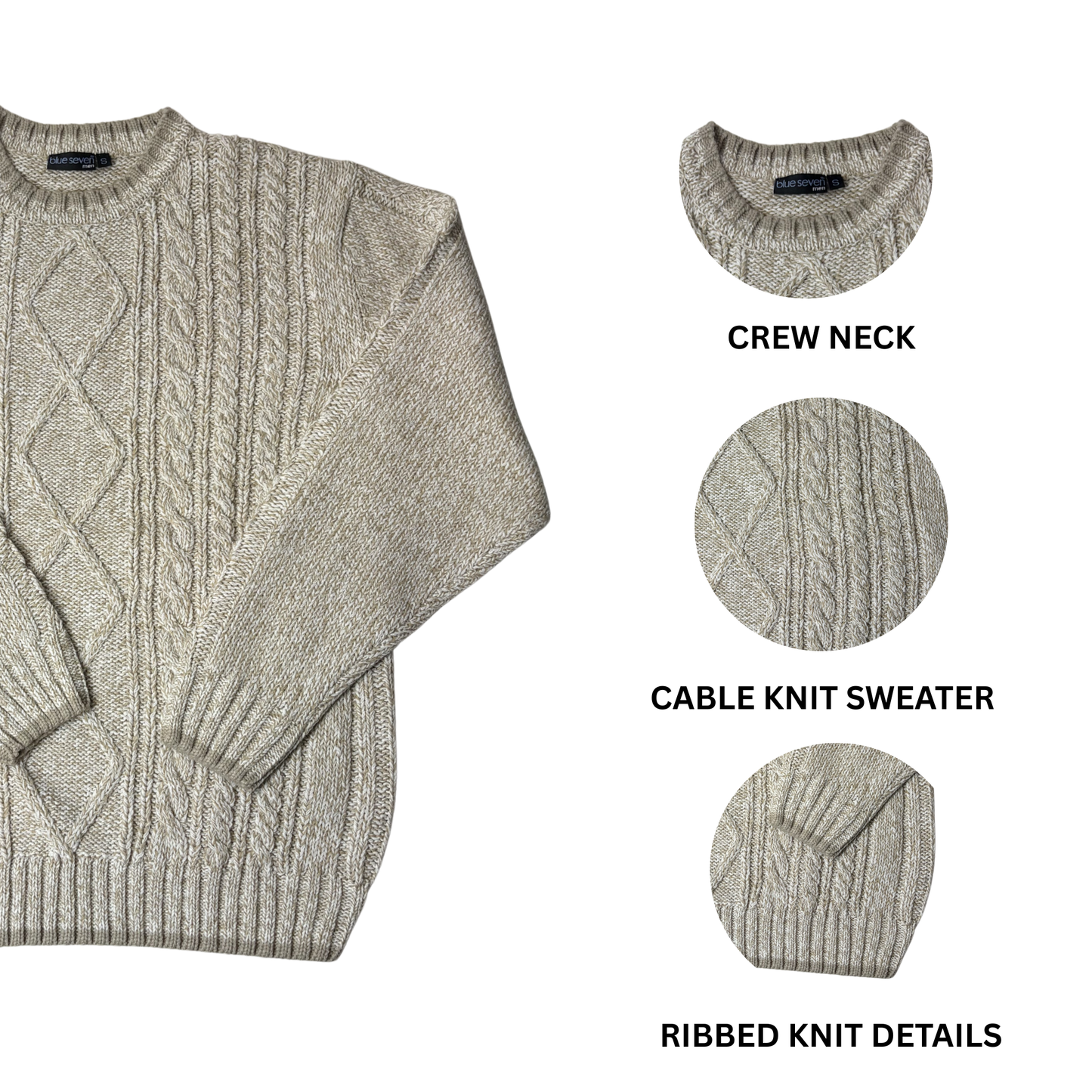 Men’s Beige Cable Knit Crewneck Sweater – Size S