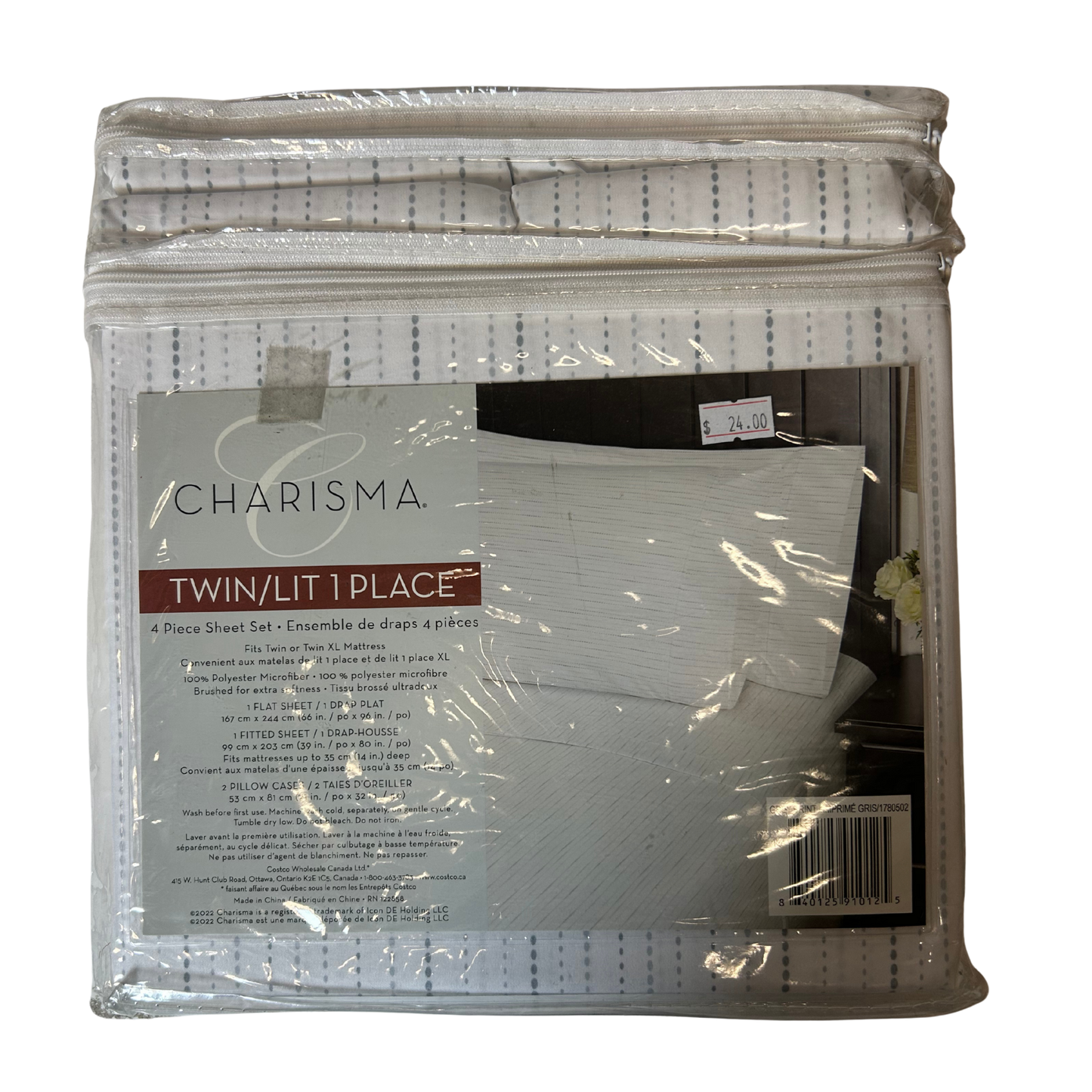 Charisma Twin / Twin XL 4-Piece Sheet Set – Soft Microfiber, Gray & White Dotted Stripe