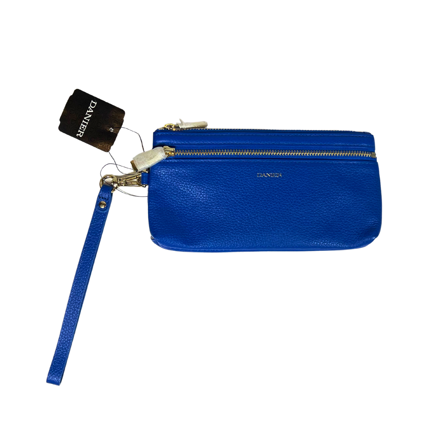 Blue Genuine Leather Wallet with Zipper & Wristlet Strap