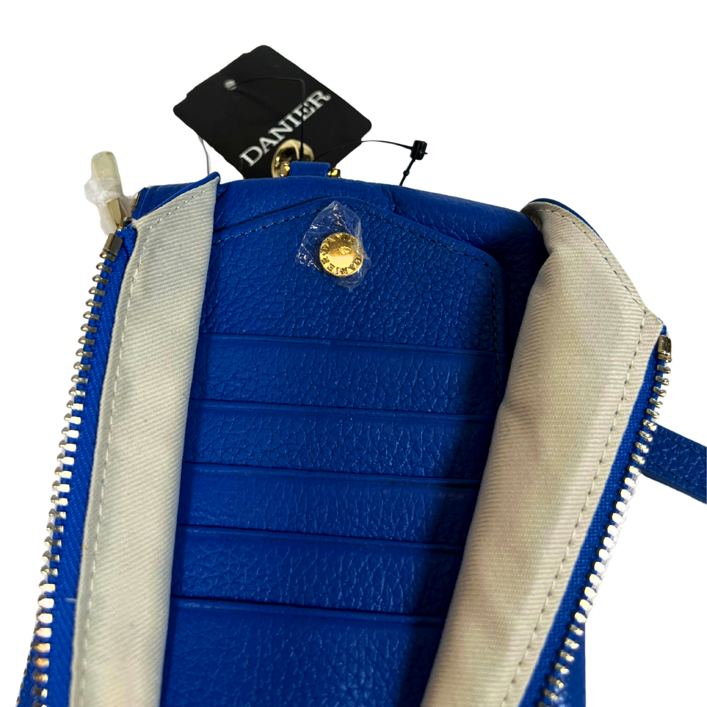 Blue Genuine Leather Wallet with Zipper & Wristlet Strap