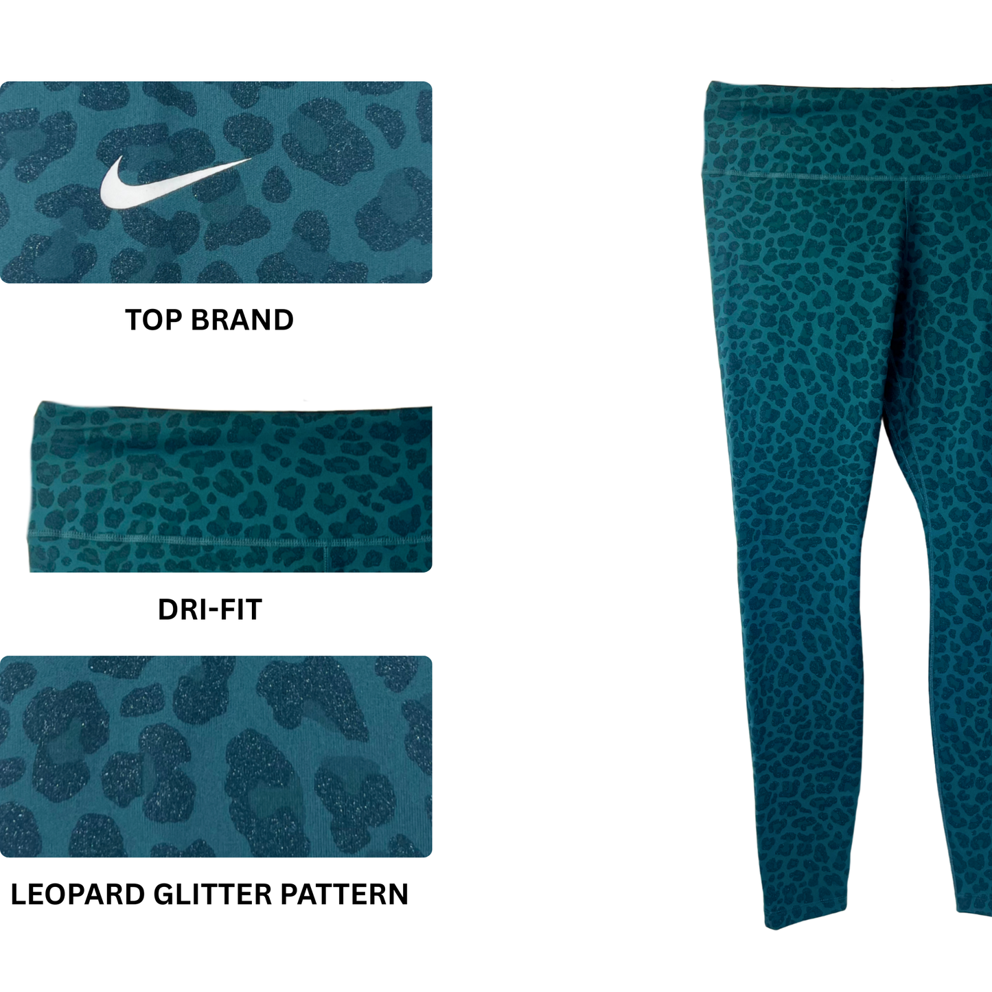 Dri-FIT Green Leopard Glitter Leggings – Mid-Rise, M