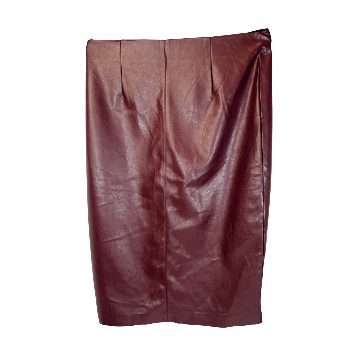 Faux Leather Midi Pencil Skirt – Chocolate Burgundy, Size L