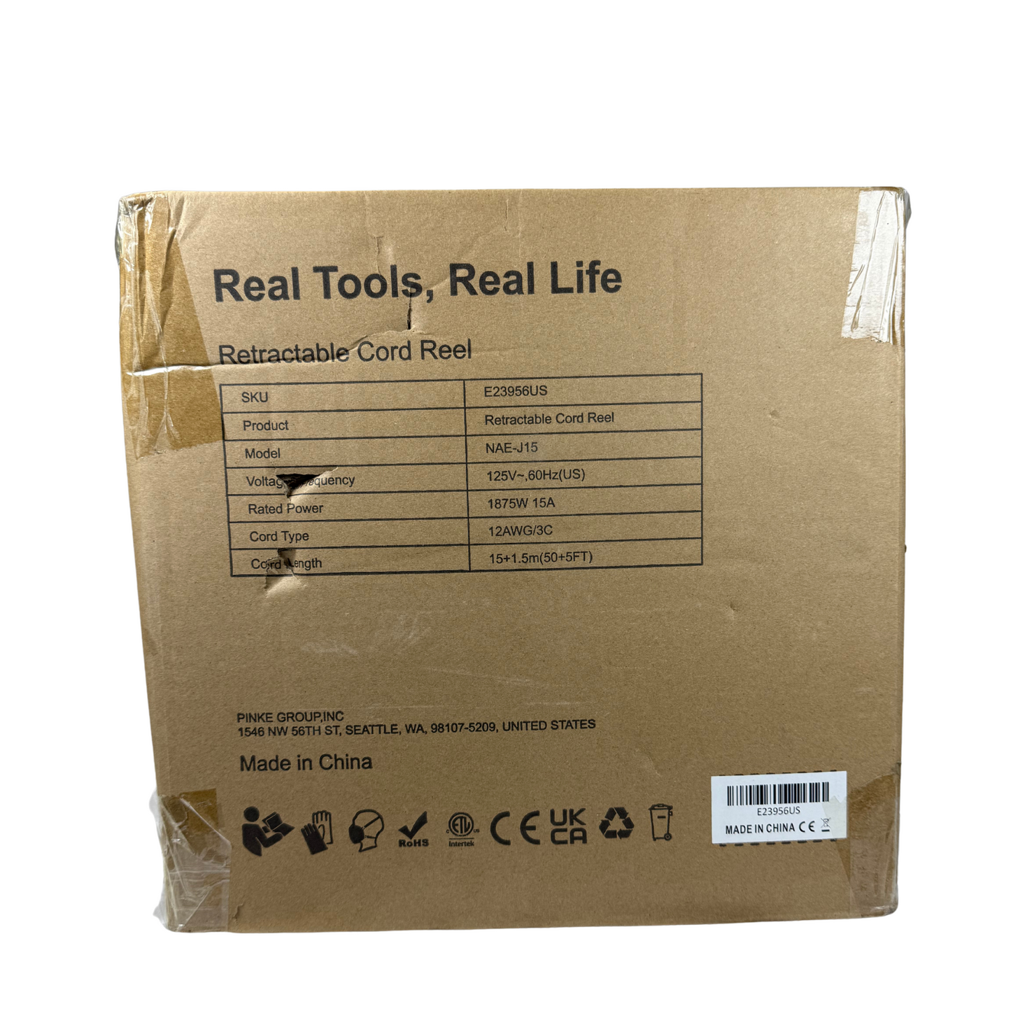 Retractable Power Cord Reel – 50+4.5 ft, 12AWG, 15.6A, Wall/Ceiling Mount