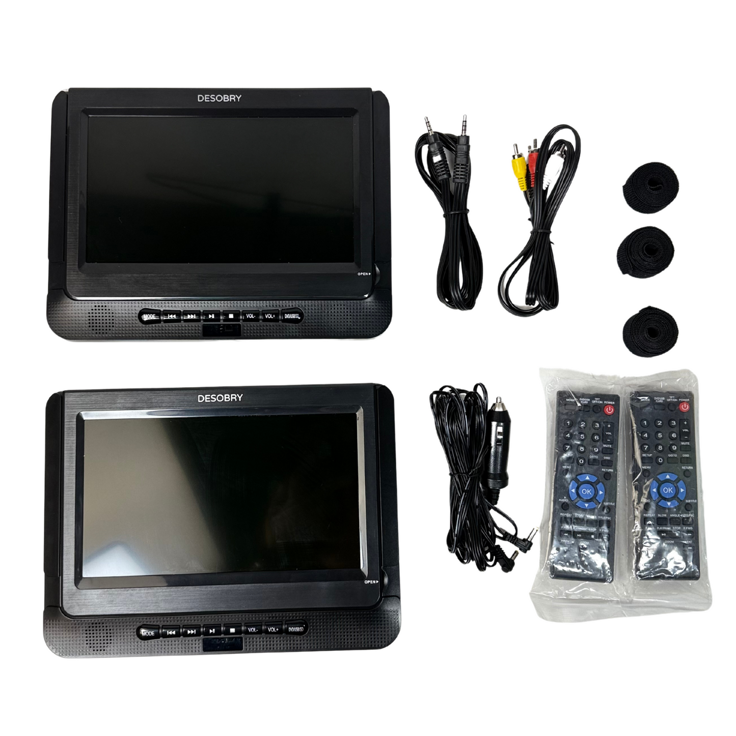 Desobry 10" Dual Screen Portable Car DVD Player with Headrest Mount, Rechargeable Battery, USB/TF