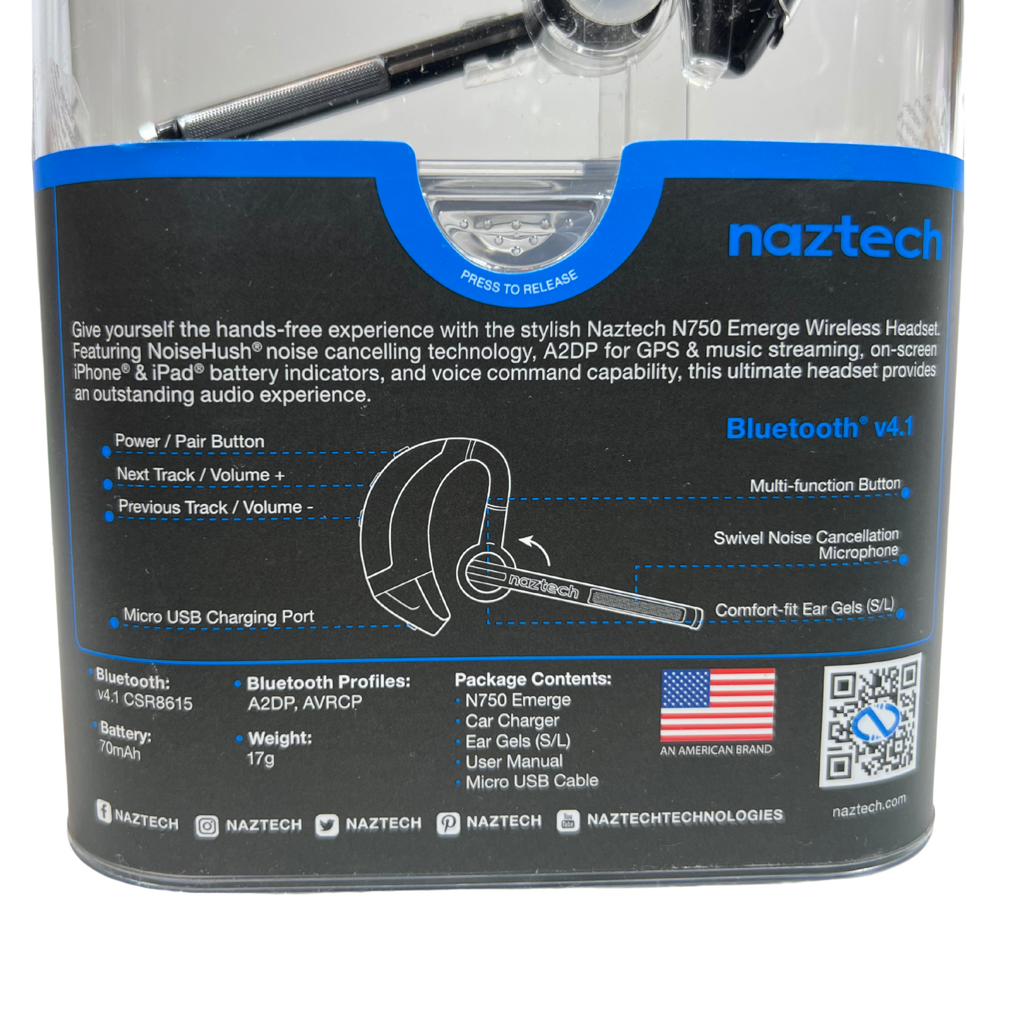 N750 Emerge Bluetooth Headset – Noise-Canceling Mono Headset with Boom Mic