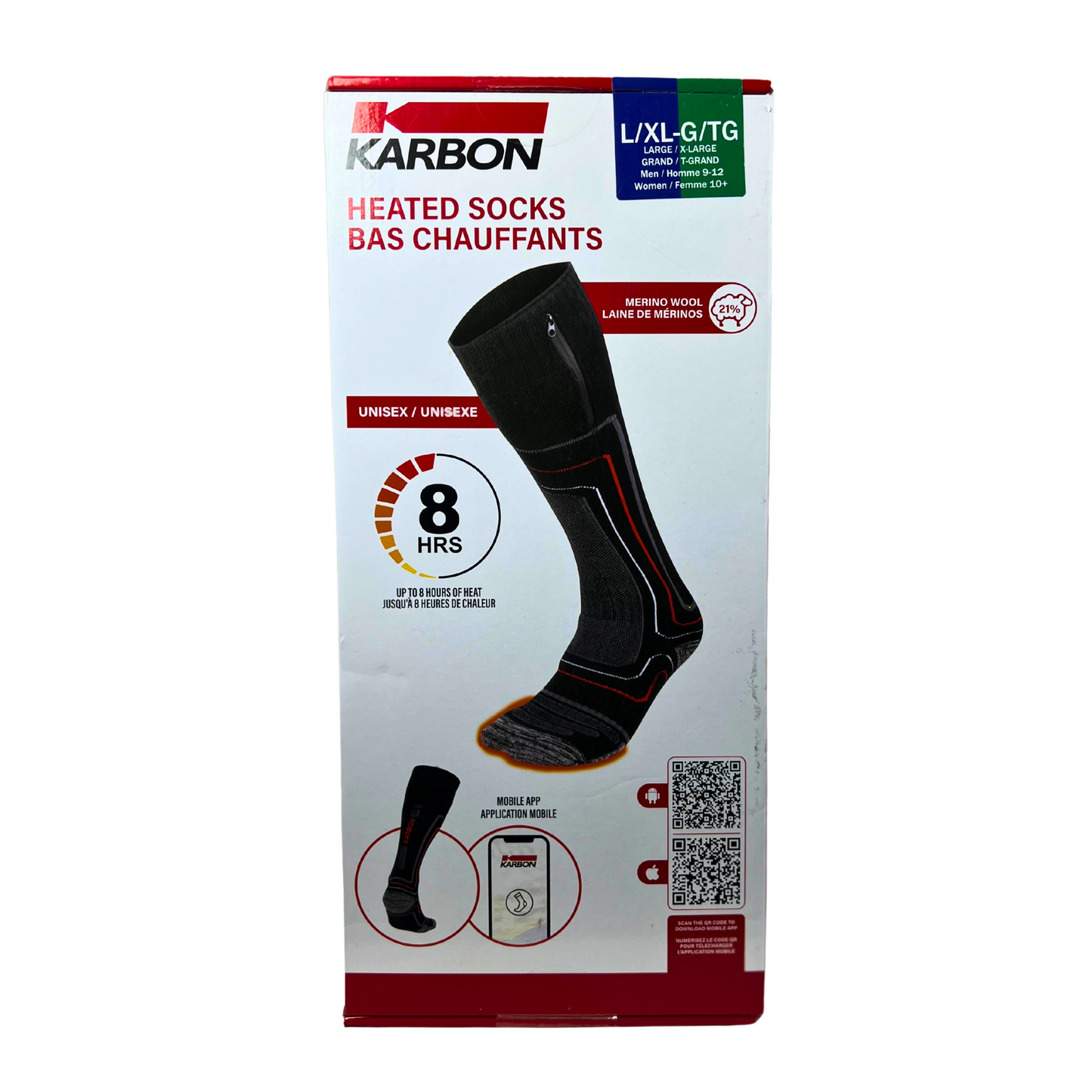 Heated Socks with 2 Rechargeable Batteries L/XL– 3 Heat Settings, Merino Blend, Smartphone Control