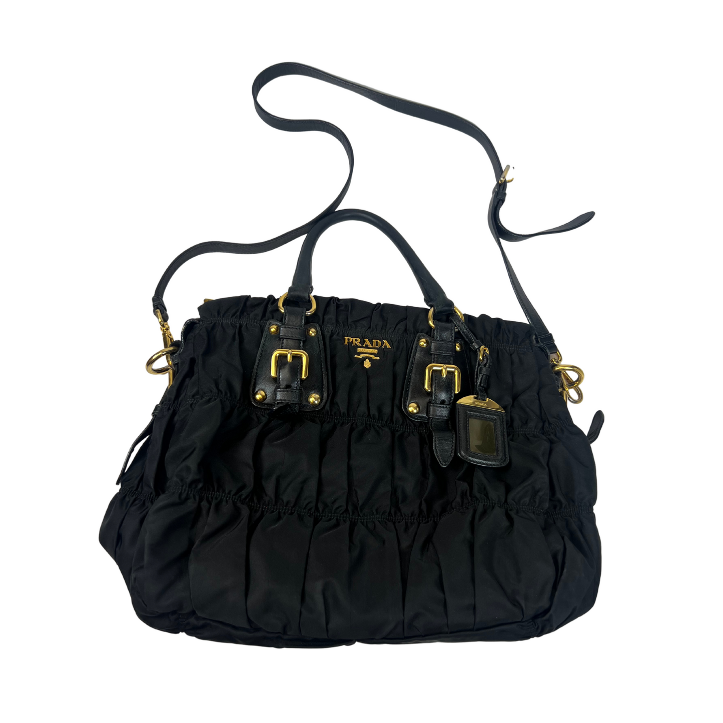Pre-loved Tessuto Gaufre Nylon Black Pleated Satchel Bag with Leather Trim