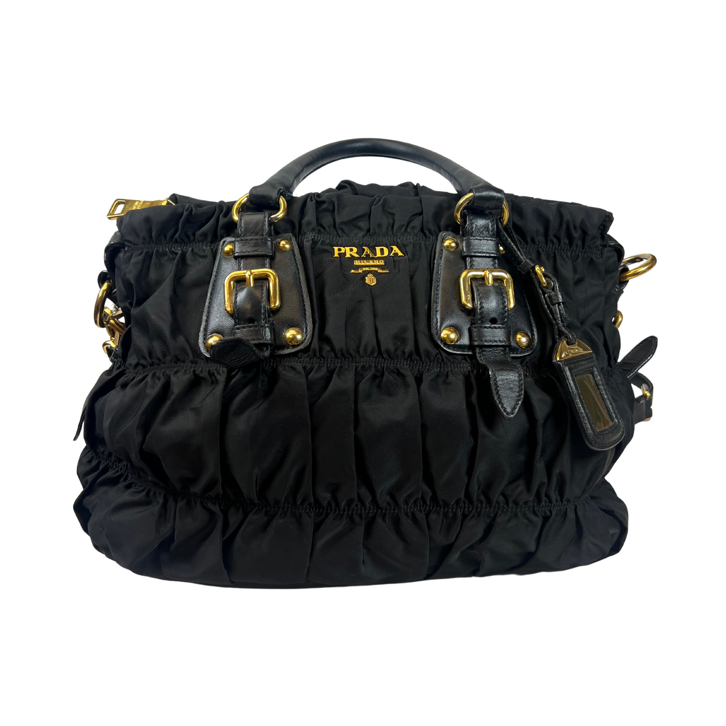 Pre-loved Tessuto Gaufre Nylon Black Pleated Satchel Bag with Leather Trim