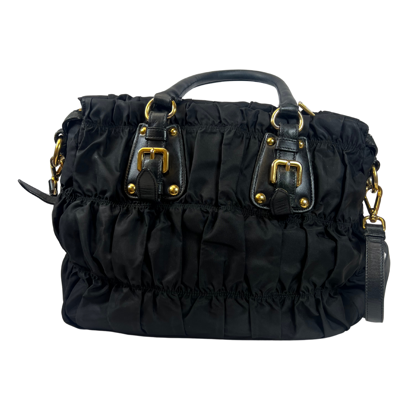 Pre-loved Tessuto Gaufre Nylon Black Pleated Satchel Bag with Leather Trim