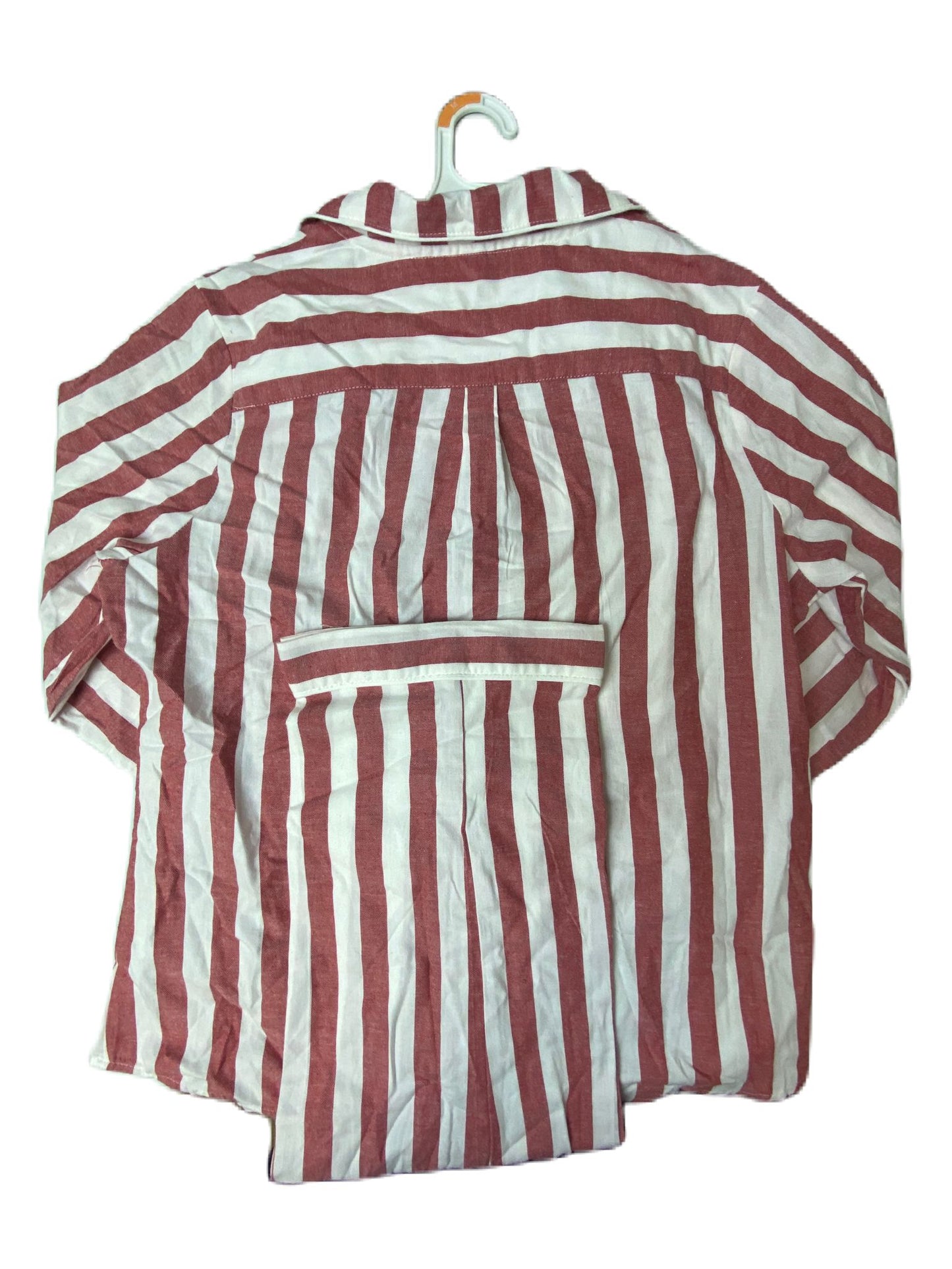 Women's Red and White Stripped Brush Flannel Pajama Set - M