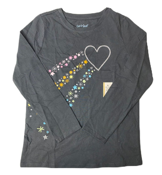 Girls Grey Heart and Star Long Sleeve T-Shirt - S (6/6x)