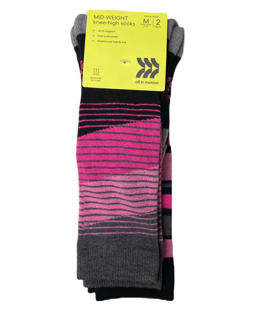 Women's Pink Multicoloured Mid-Weight Knee-High Socks - M