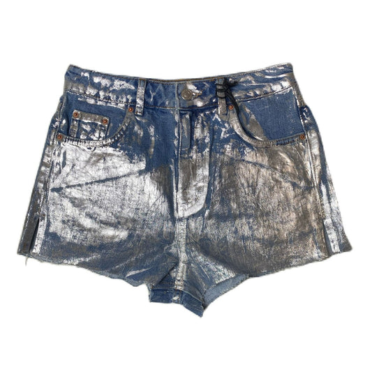 Women's Blue Silver Foil Mom Shorts - 4