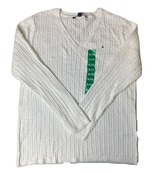 TH Women's White Knit Long Sleeve V-Neck Shirt - XL