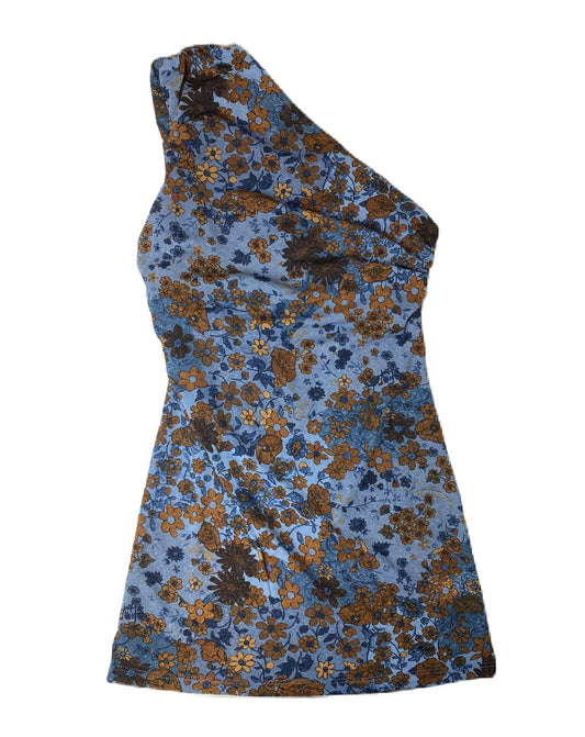 Jacob Women's Blue and Brown Floral Asymmetrical One-Shoulder Top - M