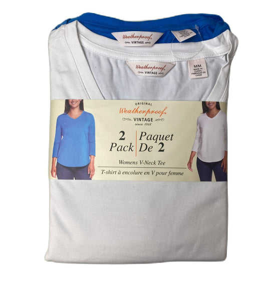 Women's Blue and White V-Neck Long Sleeve T-Shirt 2-Pack - M
