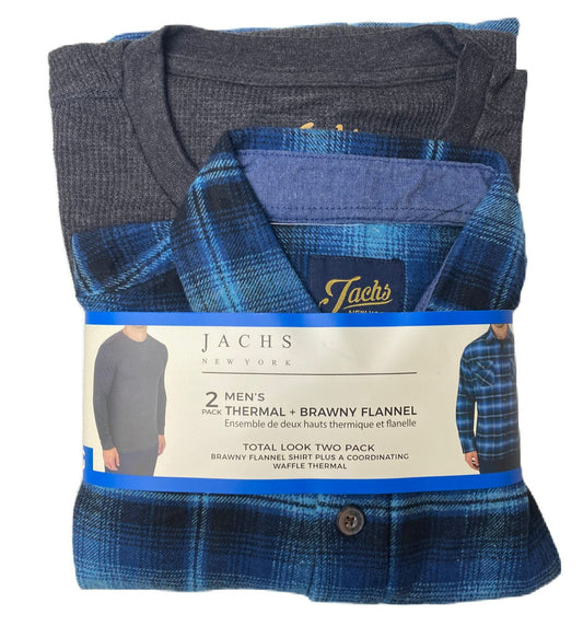 Men's Blue and Grey Thermal and Brawny Flannel Shirt 2-Pack - L