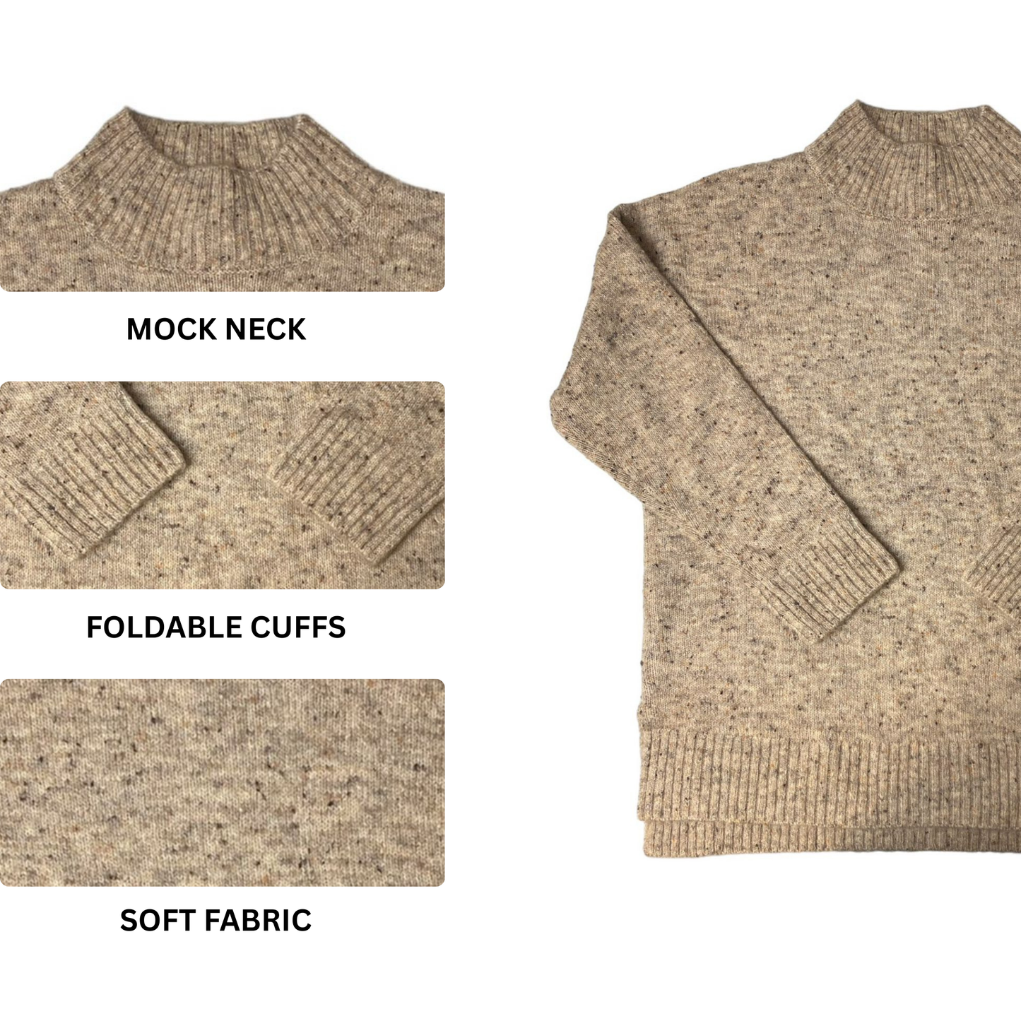 Women's Tan Mock Neck High-Low Nep Yarn Sweater