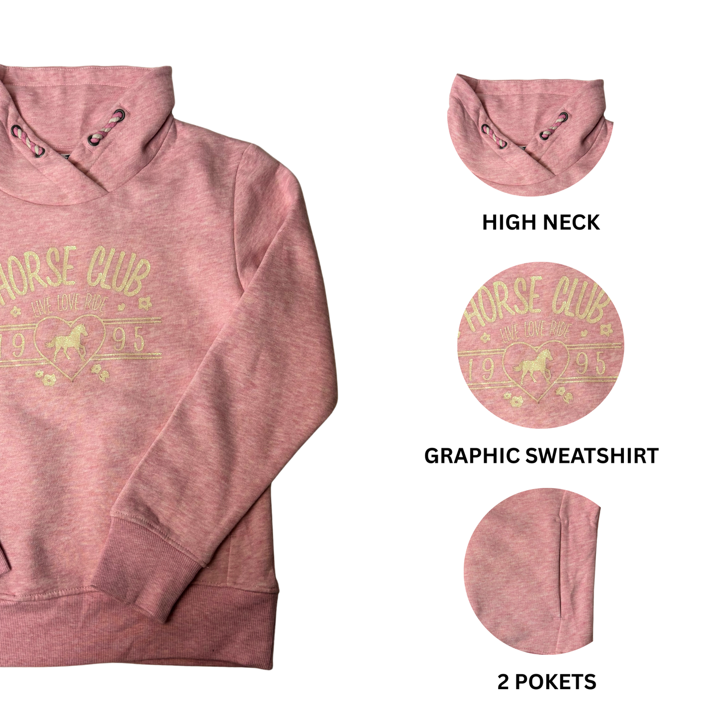 Girls Pink Graphic High Neck Sweatshirt – Size 11-12 Years