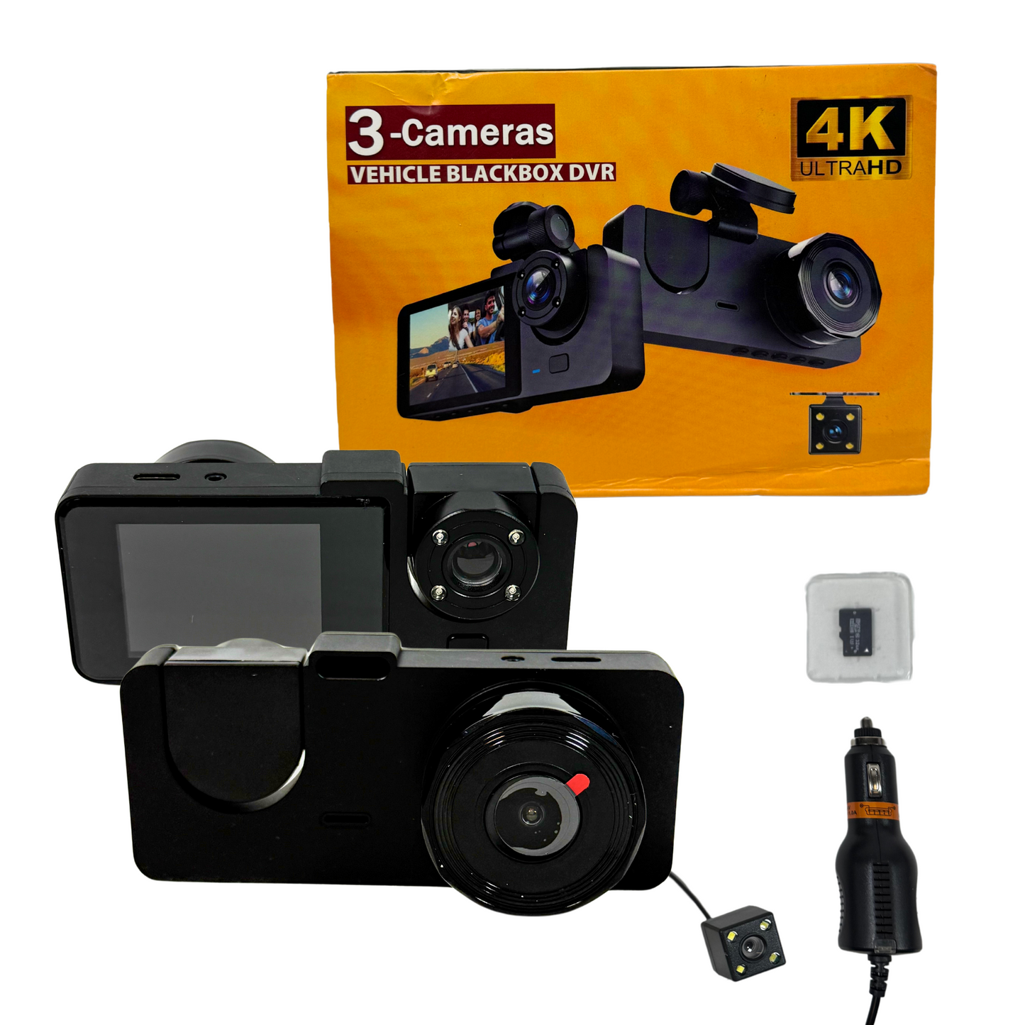 3 Channel Dash Cam – 1280P Front, 640P Rear & Inside, 64GB SD, Night Vision
