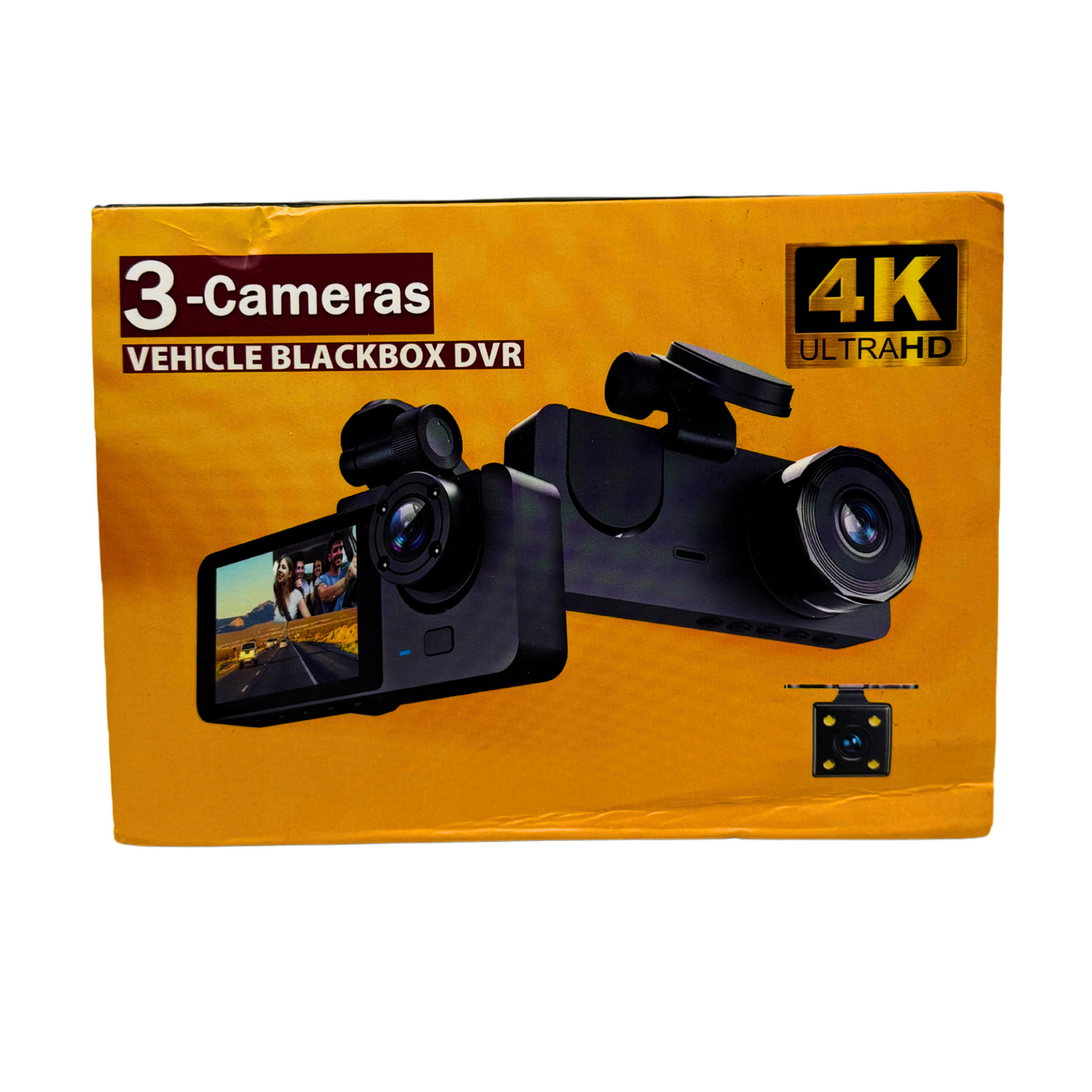 3 Channel Dash Cam – 1280P Front, 640P Rear & Inside, 64GB SD, Night Vision
