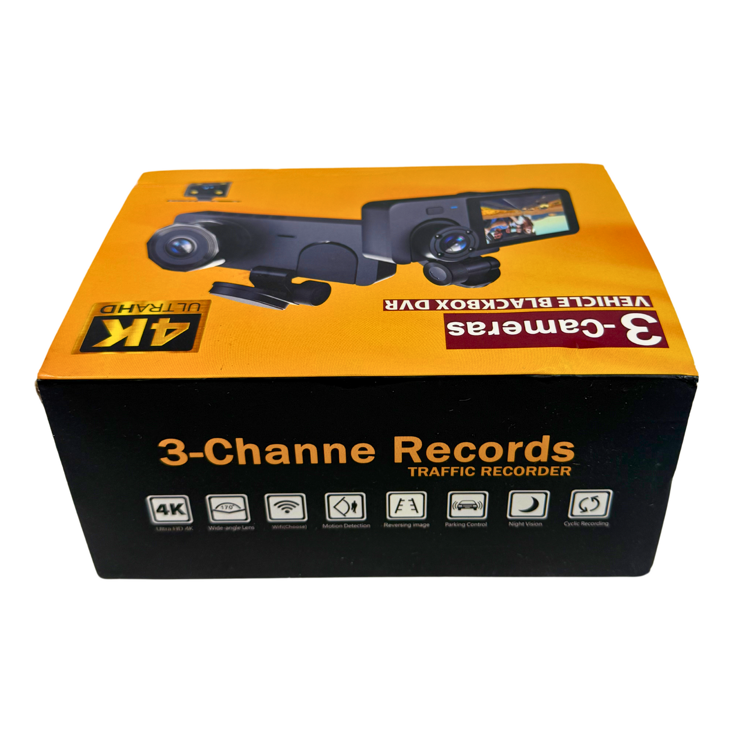 3 Channel Dash Cam – 1280P Front, 640P Rear & Inside, 64GB SD, Night Vision