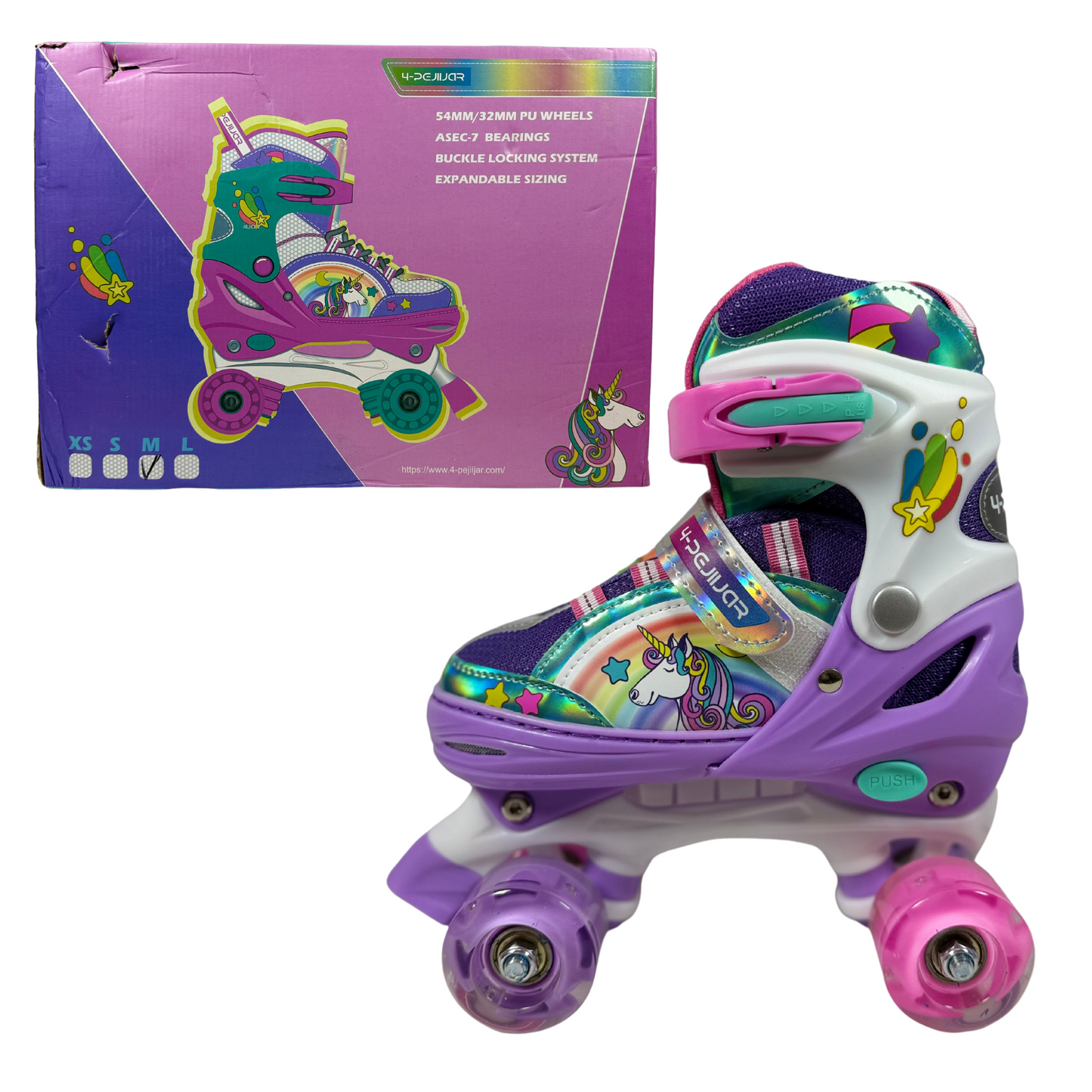 Rainbow Unicorn Kids Roller Skates, Adjustable Light-Up Skates for Girls Ages M (6–12)