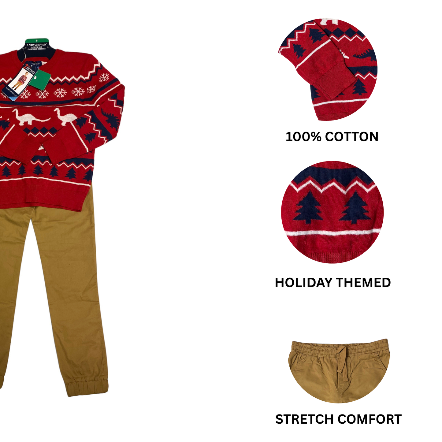 Boys Red and Brown 2-Piece Holiday Sweater Set - Size 8