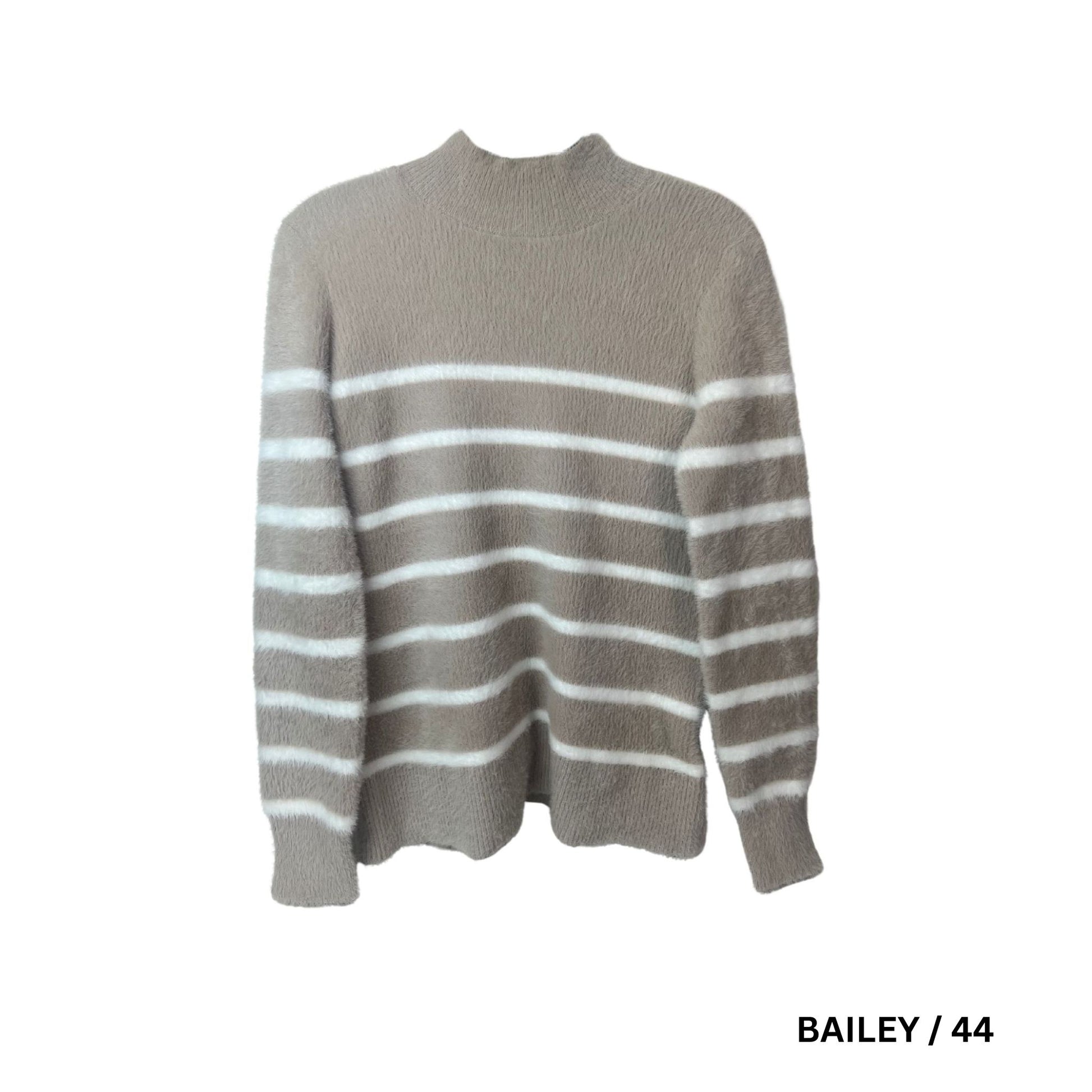 Stripes Mock Neck Cozy Sweater Taupe and white 