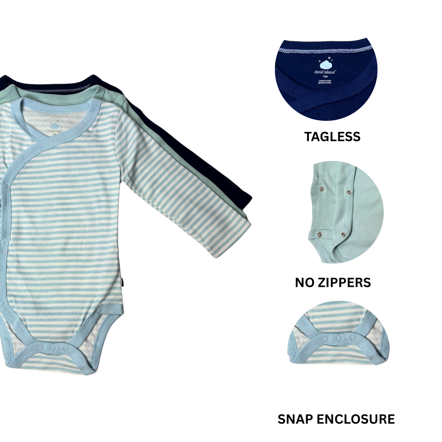Baby Boys 3-Pack Long Sleeve Legless One-Pieces – Size 12M