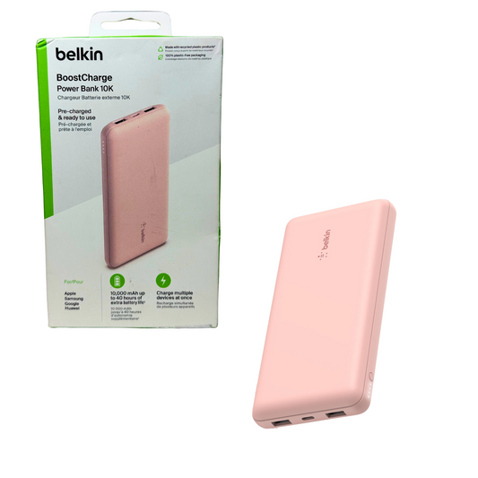10,000mAh Portable USB-C Power Bank with 3 Ports & LED – Pink