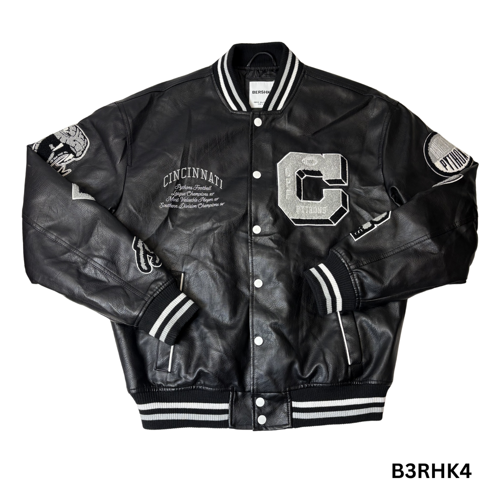 Men’s Black Leather-Effect Varsity Bomber Jacket – Size XS