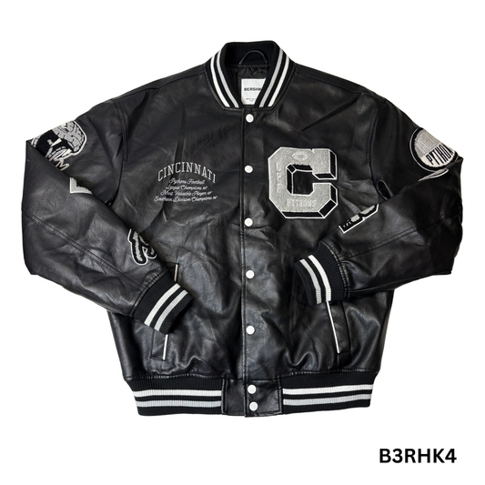 Men’s Black Leather-Effect Varsity Bomber Jacket – Size XS