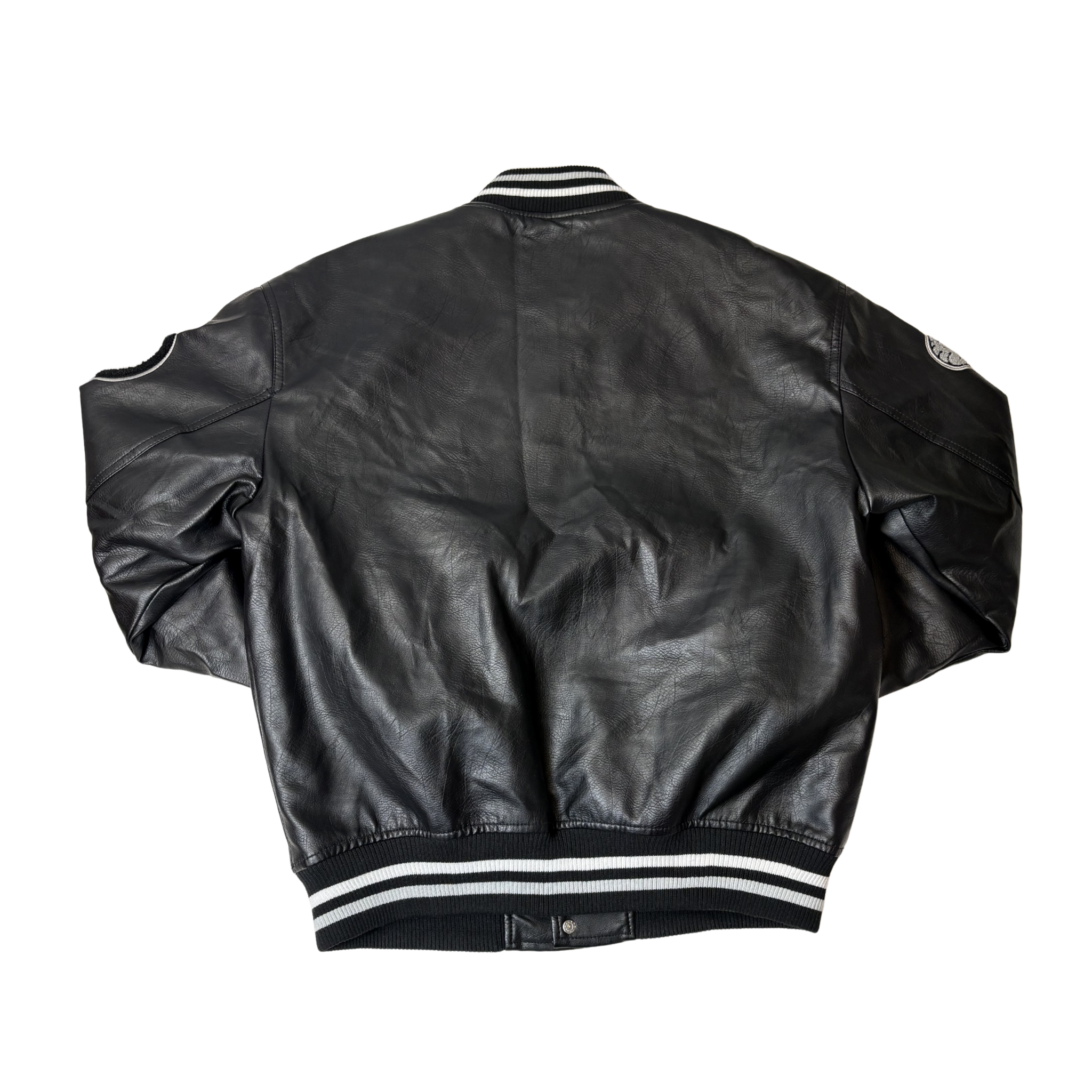 Men’s Black Leather-Effect Varsity Bomber Jacket – Size XS