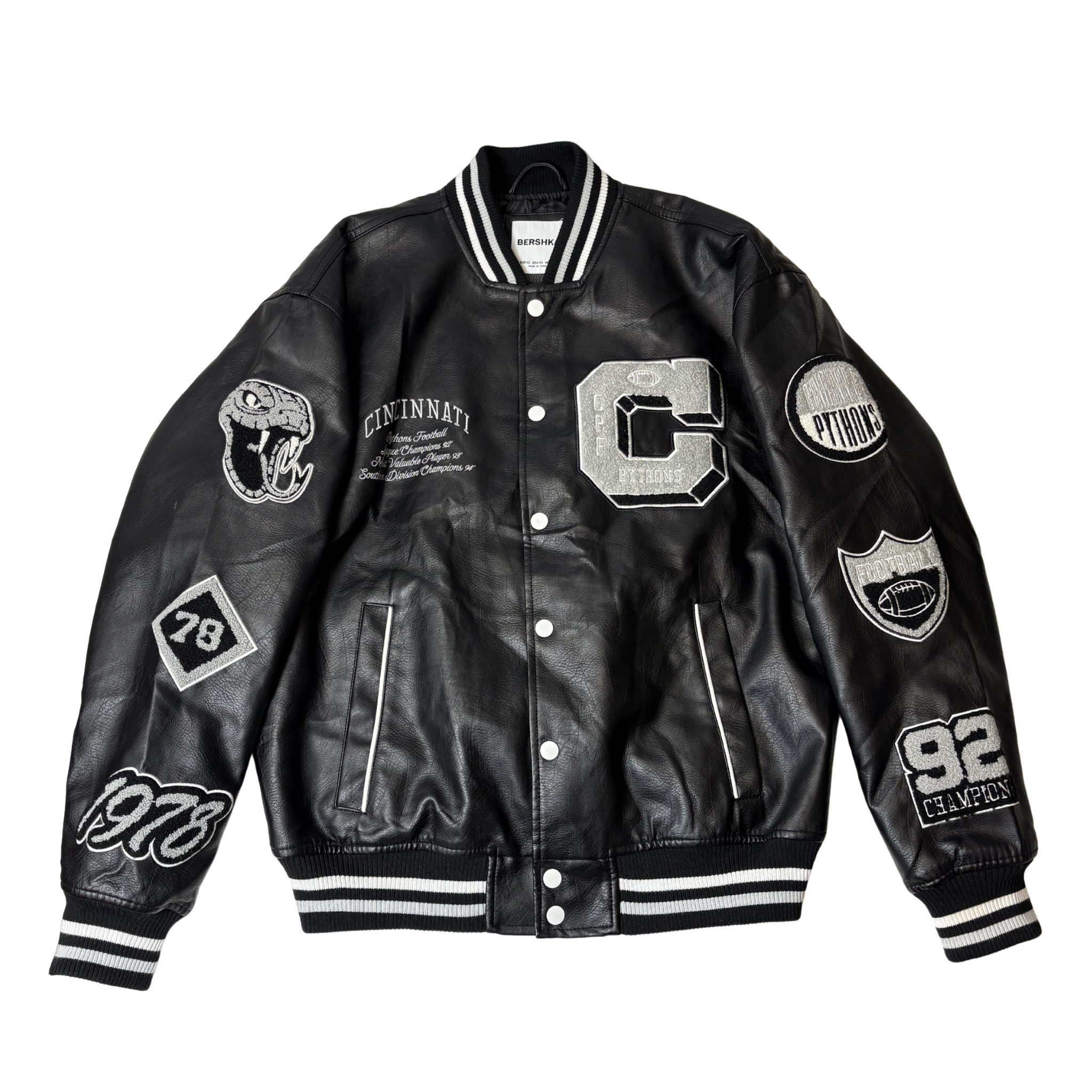Men’s Black Leather-Effect Varsity Bomber Jacket – Size XS