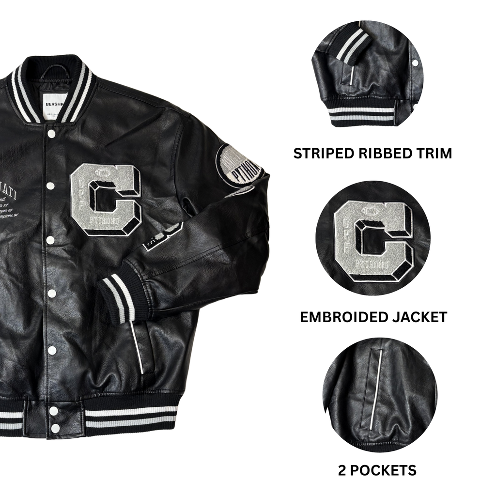 Men’s Black Leather-Effect Varsity Bomber Jacket – Size XS