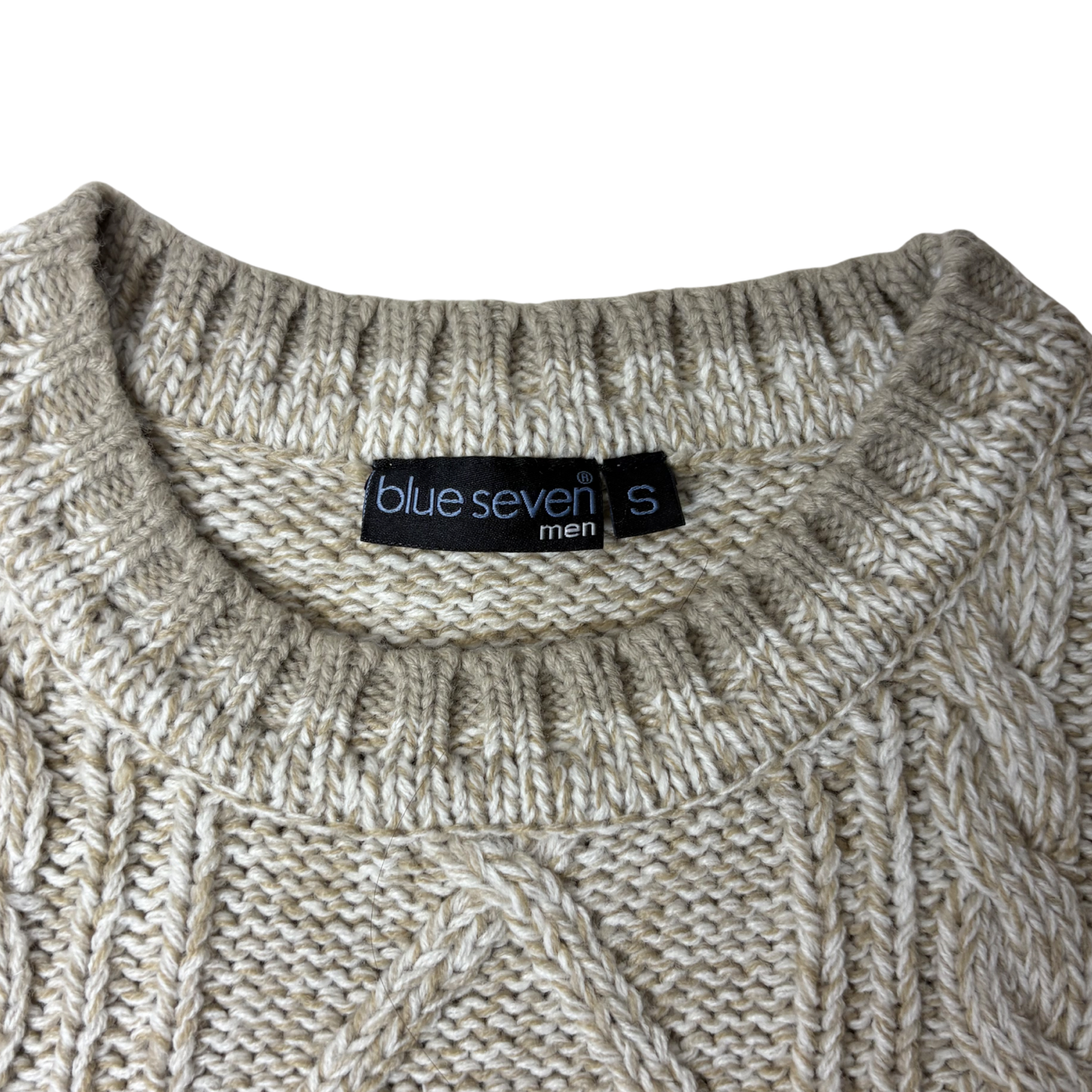 Men’s Beige Cable Knit Crewneck Sweater – Size S