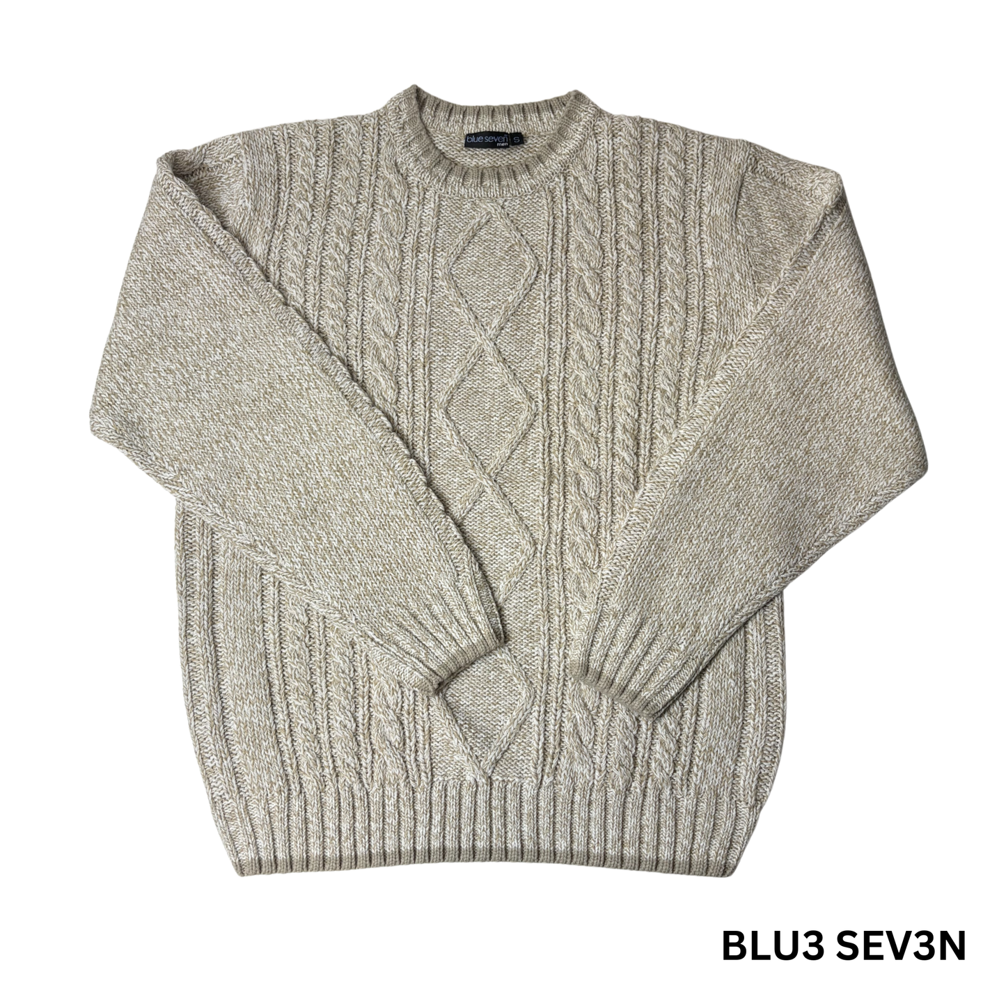 Men’s Beige Cable Knit Crewneck Sweater – Size S