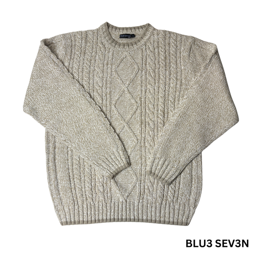 Men’s Beige Cable Knit Crewneck Sweater – Size S