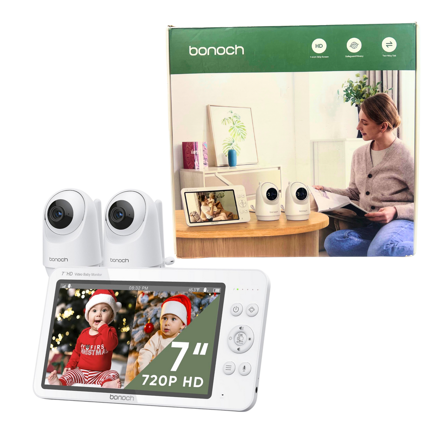 Bonoch 7" 720P Baby Monitor – 2 Cameras, No WiFi, Split Screen, Night Vision