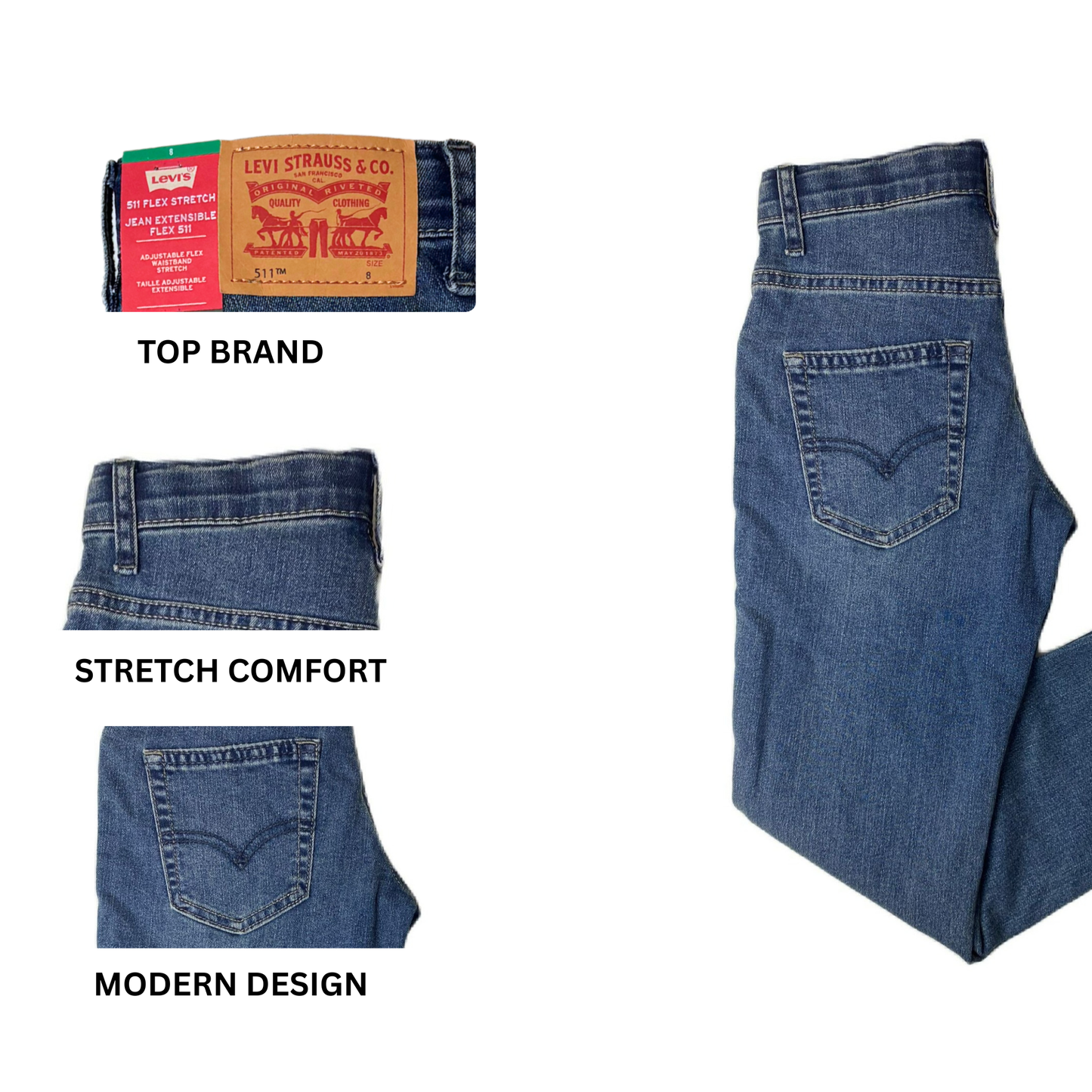 Boys Blue Adjustable Waistband  511 Flex Stretch Jeans - 8