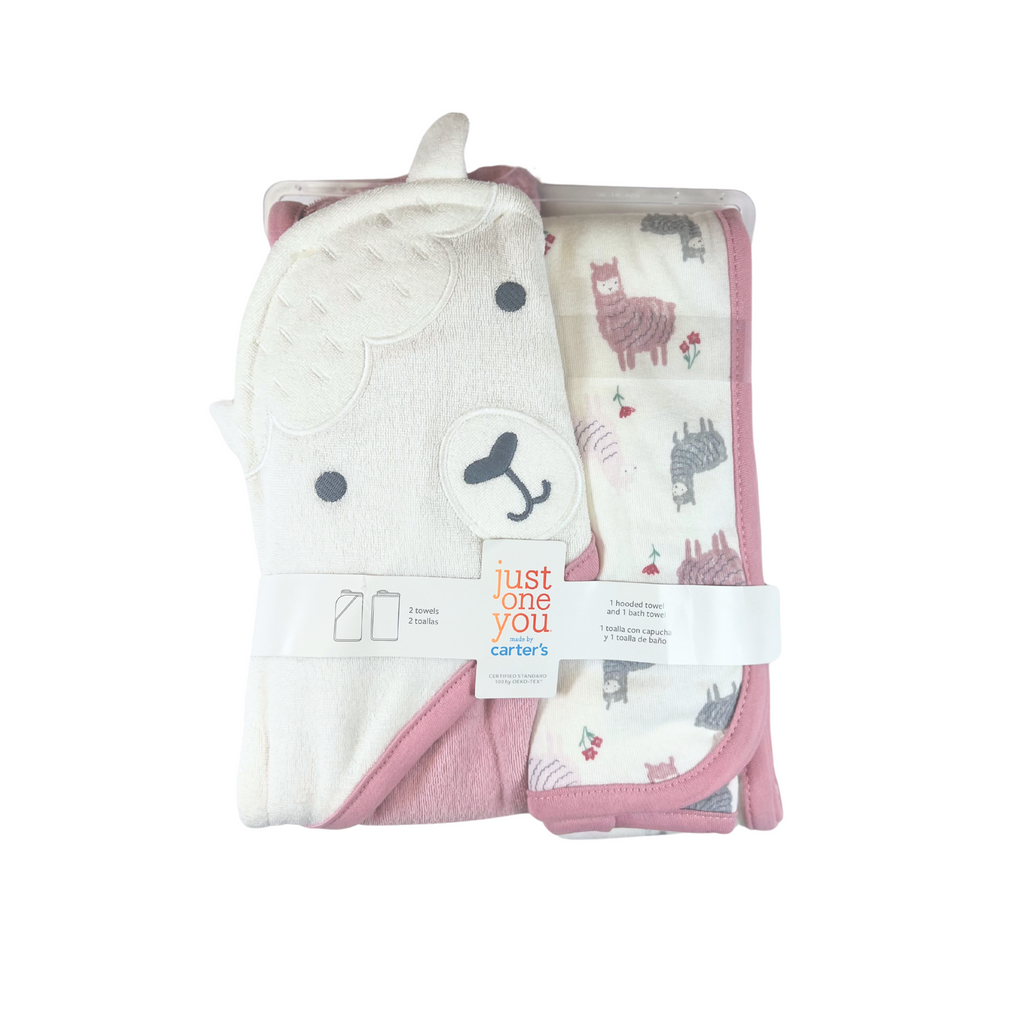 Just One You Baby Girl Llama Bath Towel Set - Pink & White