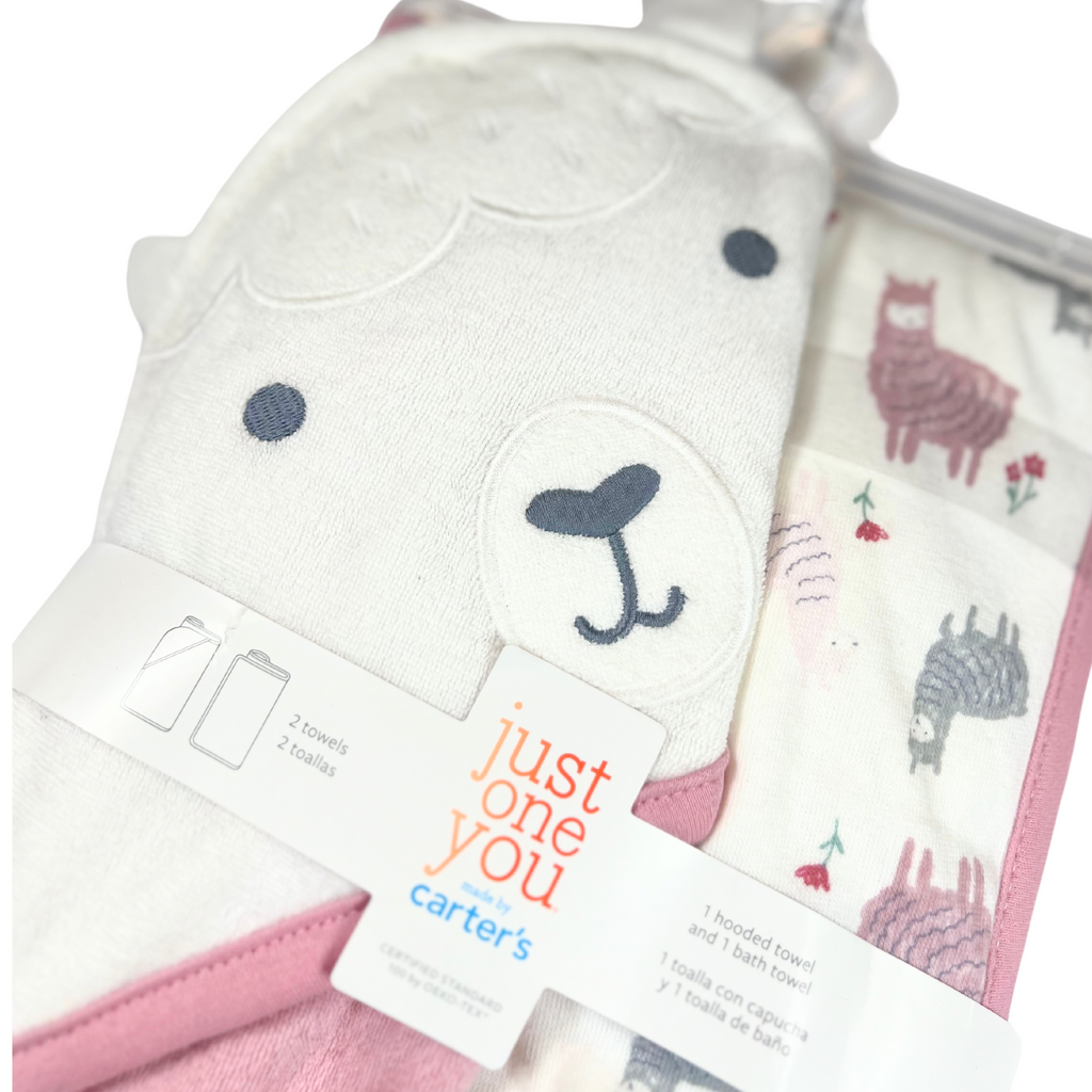 Just One You Baby Girl Llama Bath Towel Set - Pink & White