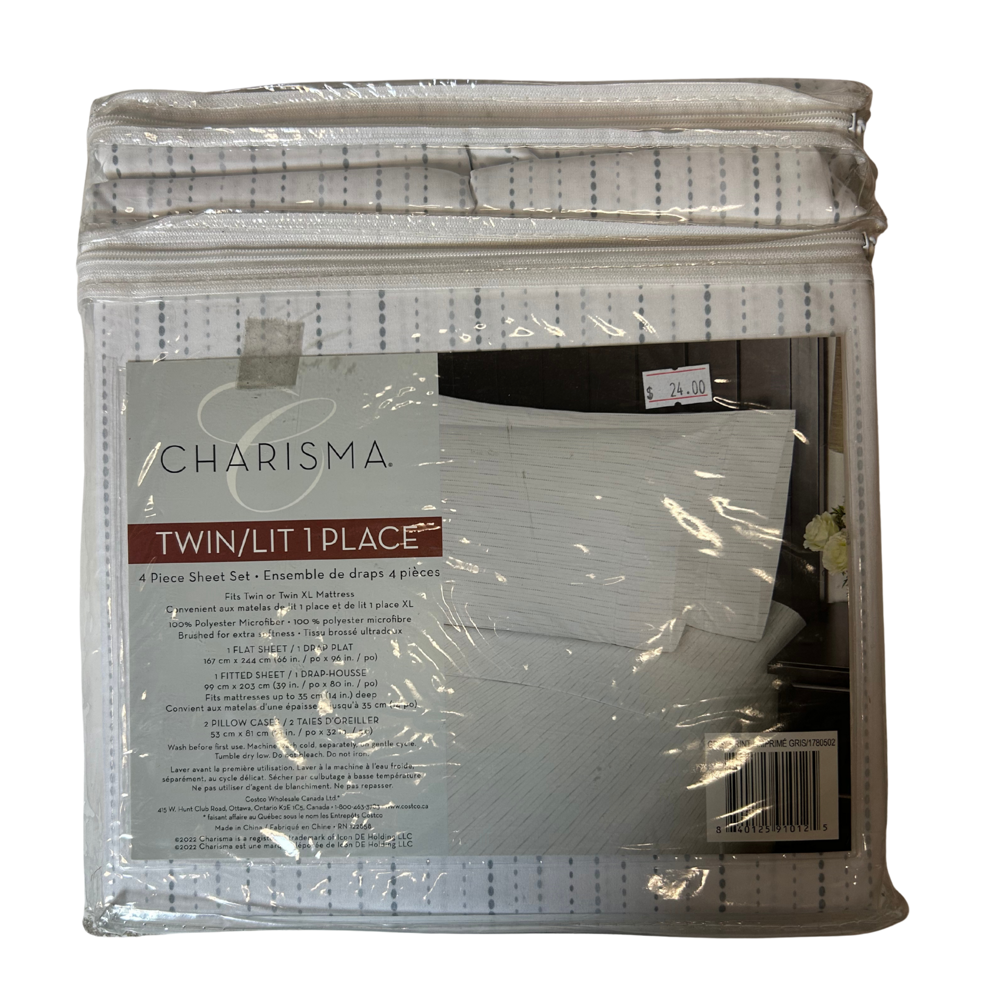Charisma Twin / Twin XL 4-Piece Sheet Set – Soft Microfiber, Gray & White Dotted Stripe