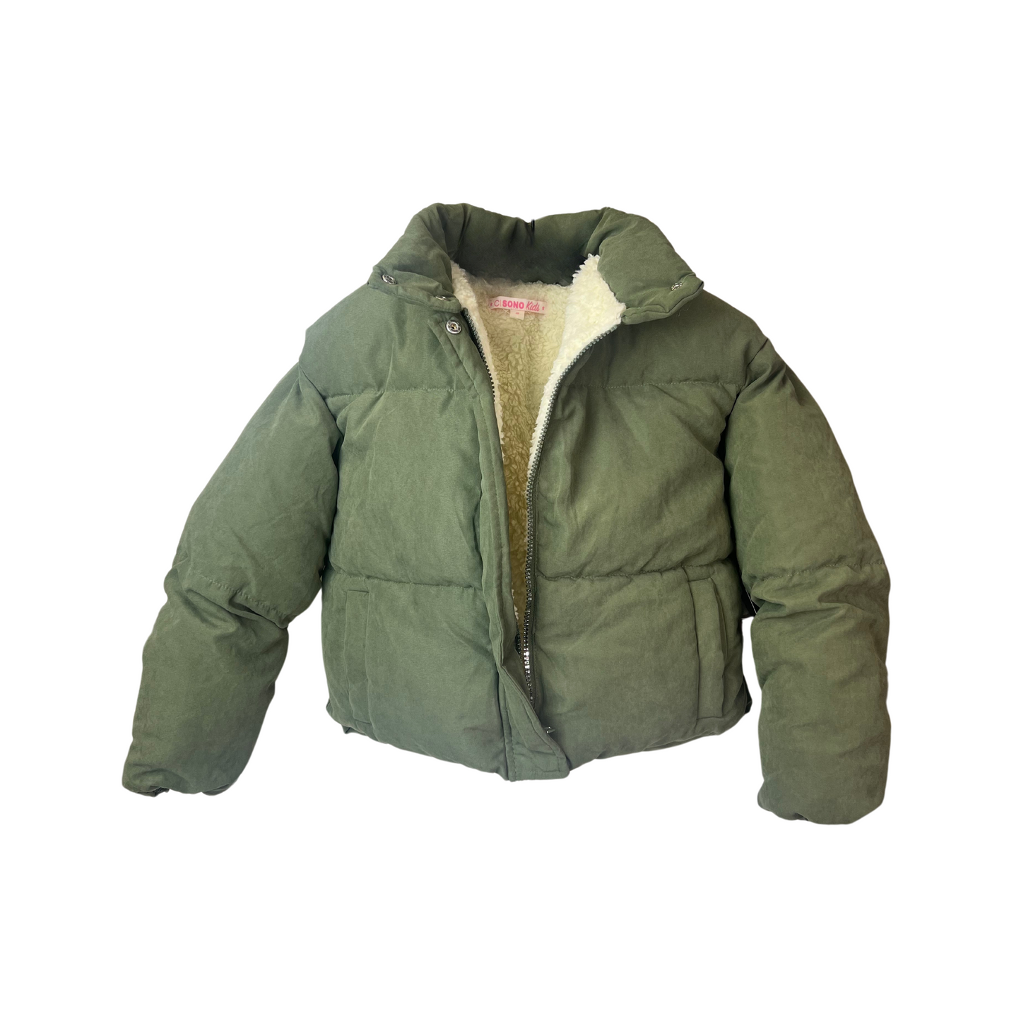 Girls Olive Puffer Jacket Size 10 – Sherpa Lined Kids Coat