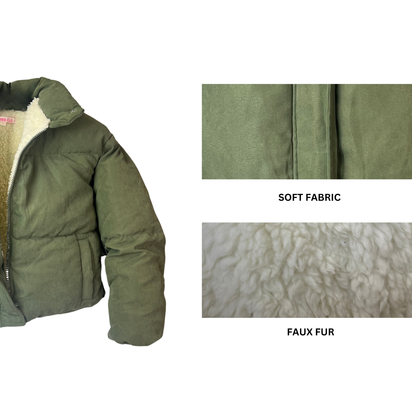 Girls Olive Puffer Jacket Size 10 – Sherpa Lined Kids Coat