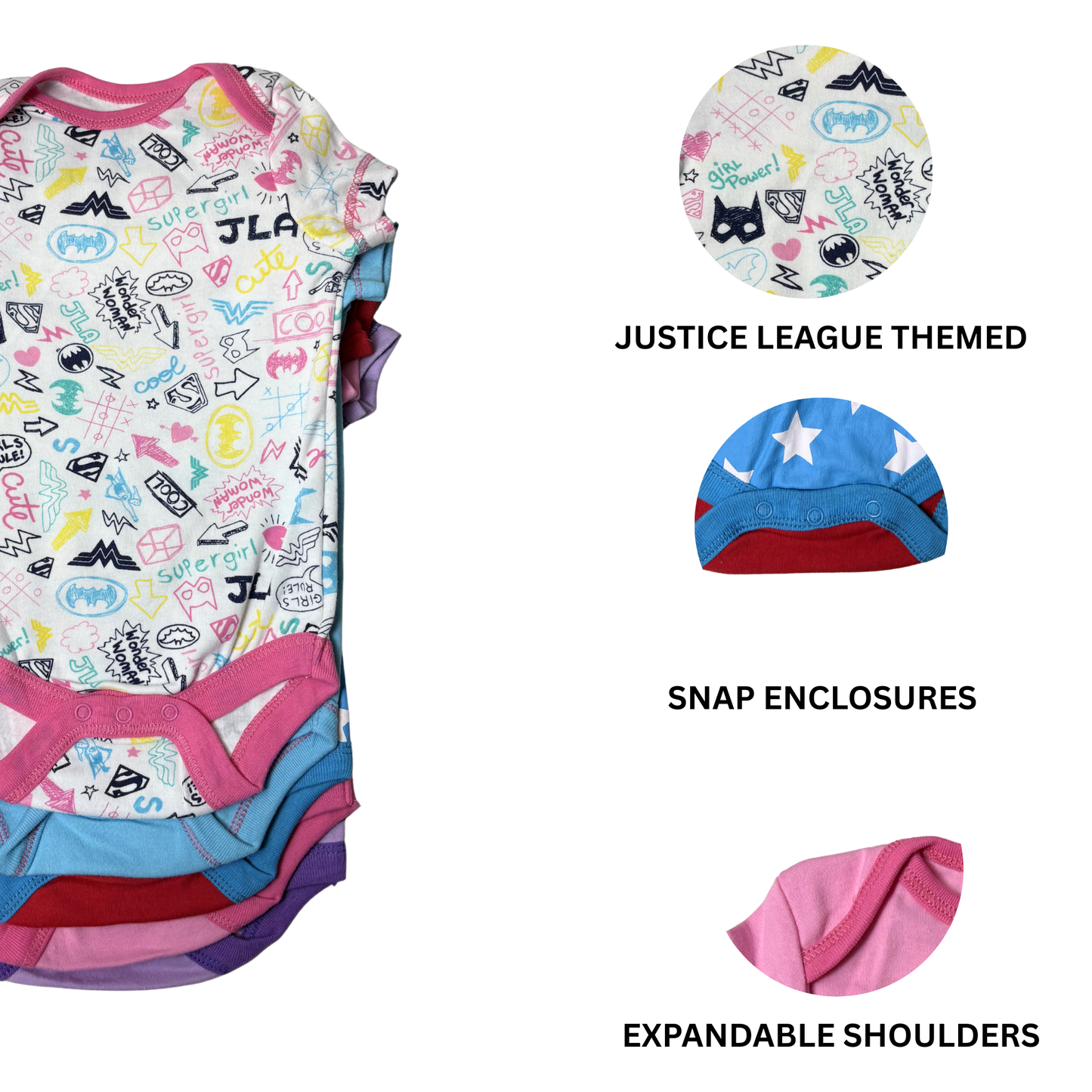 Baby Girls 5-Pack Justice League Onesies – Size 3–6M