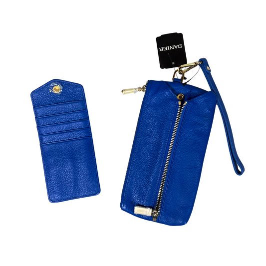 Blue Genuine Leather Wallet with Zipper & Wristlet Strap